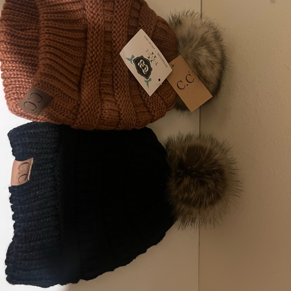 C.C Women's Pom Pom Beanie Set - Brown and Black